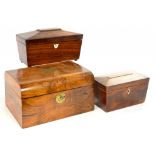 A VICTORIAN ROSEWOOD TEA CADDY OF SARCOPHAGUS SHAPE, 27CM W, A SMALLER MAHOGANY TEA CADDY AND A