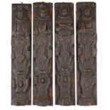 A SET OF FOUR 17TH C ENGLISH CARVED OAK FIGURAL APPLIQUES, POSSIBLY FROM A BED OR OVERMANTLE, 48CM