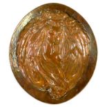 AN ART NOUVEAU STYLE EMBOSSED COPPER WALL RELIEF OF THE HEAD OF A YOUNG WOMAN, 46 X 48CM, WOOD