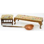 TWO VICTORIAN FOOTSTOOLS WITH EMBROIDERED TOPS AND A COPPER WARMING PAN