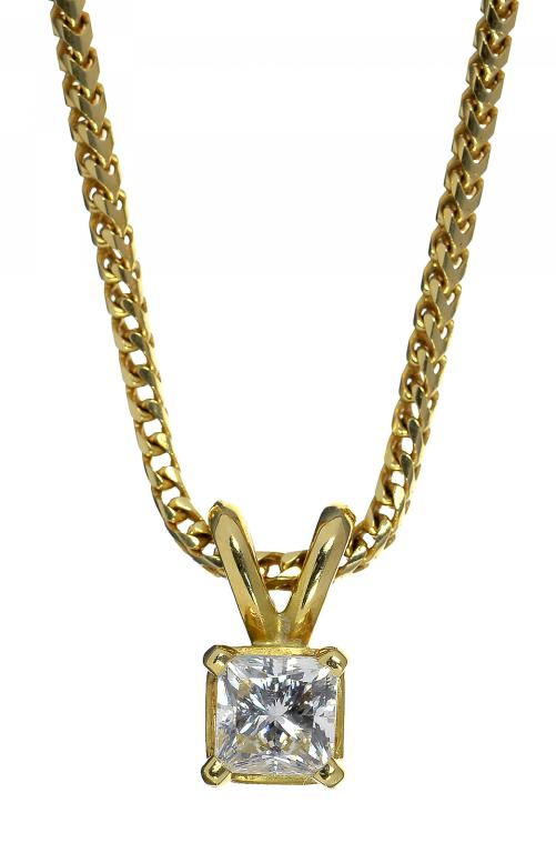 A DIAMOND PENDANT WITH A PRINCESS CUT DIAMOND IN GOLD, ON 18CT GOLD NECKLET, 9.8G