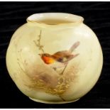 A ROYAL WORCESTER GLOBULAR VASE, PAINTED WITH A ROBIN ON A BRANCH ON A SHADED APRICOT GROUND, 6.