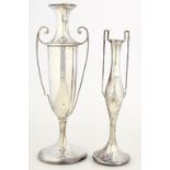 AN EDWARD VII SILVER VASE WITH UPSCROLLED HANDLES, 26CM H, BIRMINGHAM 1908 AND ANOTHER, SMALLER,