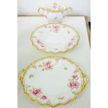 A ROYAL CROWN DERBY ROYAL PINXTON ROSES PATTERN SUCRIER AND COVER, TWO HANDLED PLATE AND SOUP PLATE,