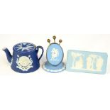 A WEDGWOOD MINIATURE DARK BLUE JASPER DIP TEAPOT AND COVER, 5CM H, IMPRESSED MARK, A WEDGWOOD JASPER