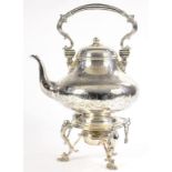 A VICTORIAN EPNS TEA KETTLE, WITH SWING HANDLE AND MELON KNOP, ON LAMPSTAND, 40CM H