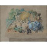 ENGLISH SCHOOL, EARLY 19TH C, STILL LIFE WITH FRUIT AND A MOUSE ON A MARBLE LEDGE, WATERCOLOUR, 38 X