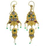 A PAIR OF INDIAN MULTI GEM SET GOLD PENDANT EARRINGS, 17.3G