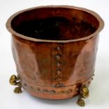 A VICTORIAN COPPER LOG BIN ON THREE BRASS FEET, 41CM H