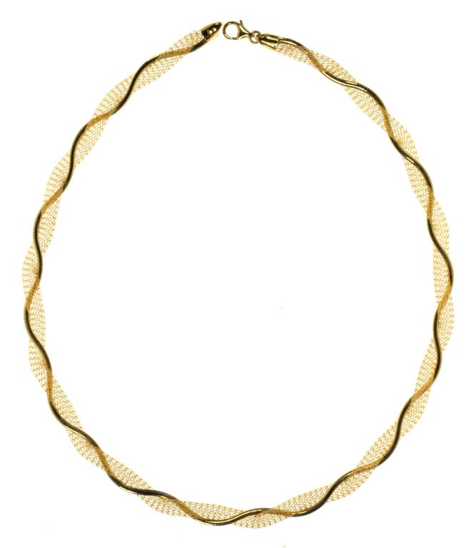 A GOLD ENTWINED MESH NECKLACE, MARKED 585, 10.7G