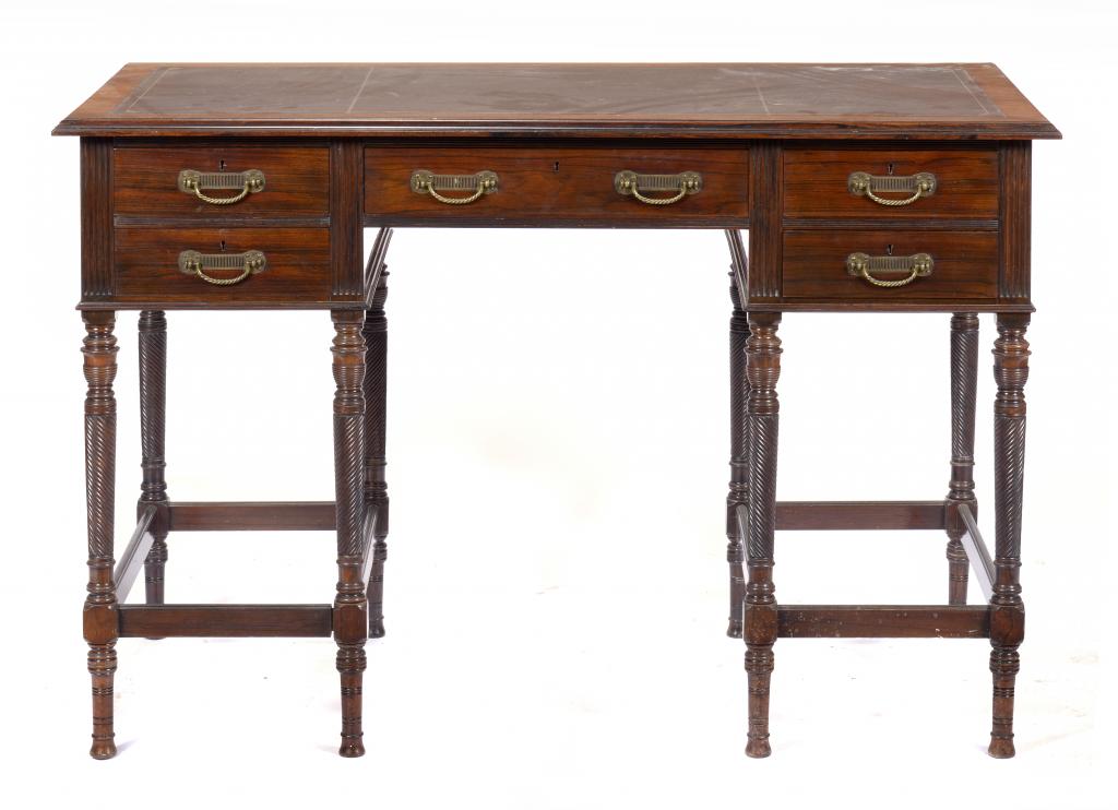 A VICTORIAN ROSEWOOD DESK BY COLLINSON & LOCK, C1880 with gilt tooled straight grained dark blue