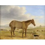 ENGLISH SCHOOL, 19TH CENTURY PORTRAIT OF A HORSE AND HOUND WITH FOX HUNTERS AND A COUNTRY HOUSE