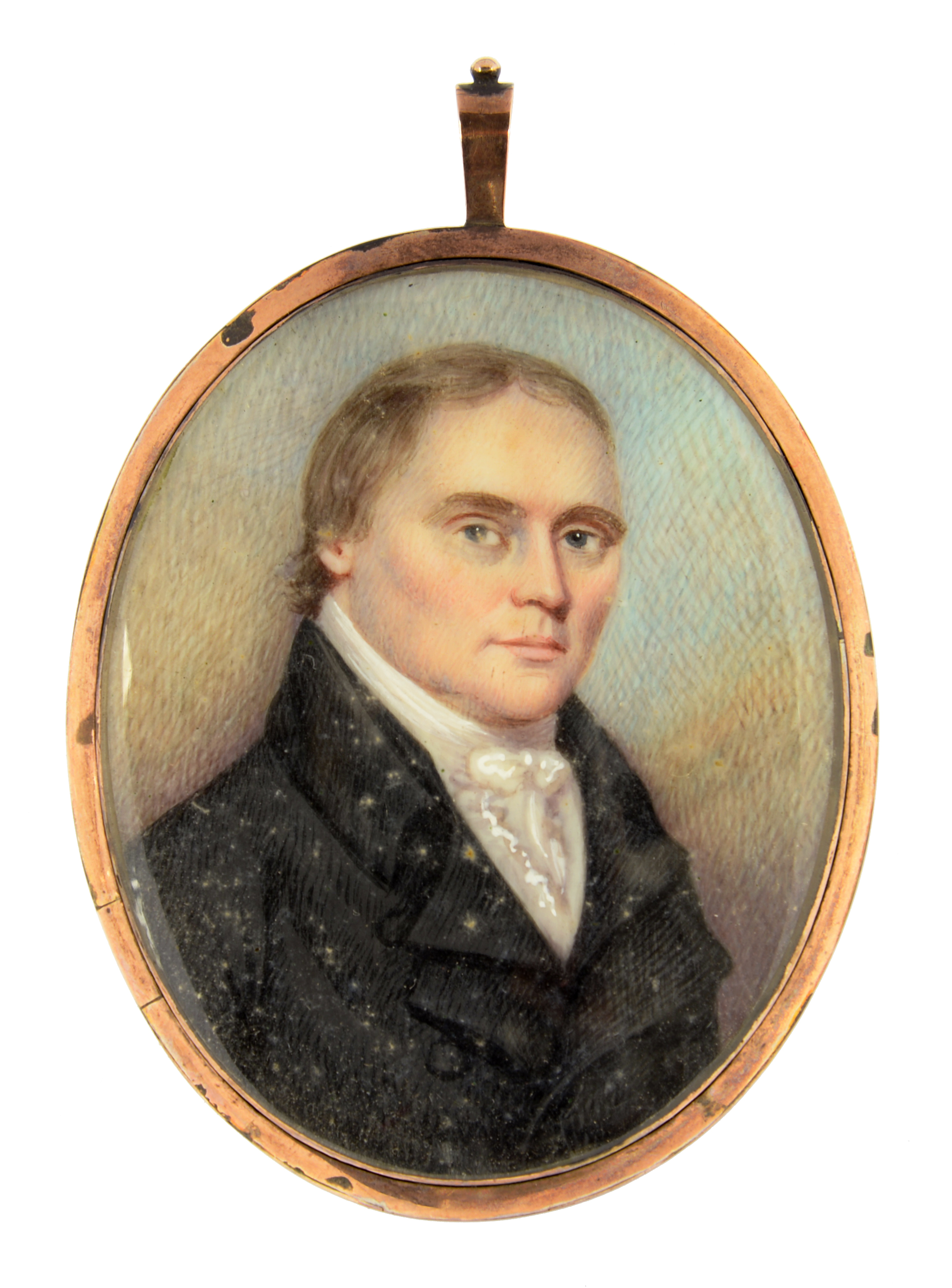 ENGLISH SCHOOL, 19TH CENTURY PORTRAIT OF A GENTLEMAN ivory, oval, 6 x 4.5cm, scarlet morocco case