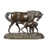 A FRENCH BRONZE SCULPTURE OF A MARE AND FOAL CAST FROM A MODEL BY CHRISTOPHE FRATIN, 19TH C rich