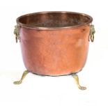 A VICTORIAN COPPER VAT, 19TH C adapted as a fuel bin with rolled rim and later brass lion mask