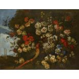 19TH CENTURY FOLLOWER OF JAKOB BOGDANI A PHEASANT AND FLOWERS IN A LANDSCAPE WITH RUINS oil on