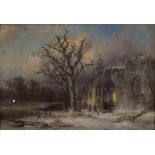 NORTHERN EUROPEAN SCHOOL, 19TH C A WOODED WINTER LANDSCAPE WITH FIGURES BY A RUIN with signature