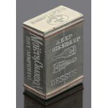 ADVERTISING. A VICTORIAN NICKEL PLATED BRASS AND COPPER TROMPE L'OEIL MATCHBOX, C1880 in the form of