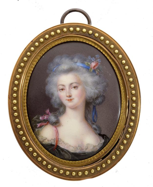 FOLLOWER OF PIERRE-ADOLPHE HALL AN ENAMEL MINIATURE OF A YOUNG WOMAN her lightly powdered hair