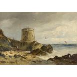 A WILLIAMS (19TH CENTURY) A MARTELLO TOWER signed, oil on canvas, 19.5 x 29cm++Small scratch on rock