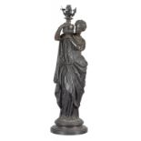 A FRENCH SPELTER FIGURAL LAMP IN THE FORM OF A CLASSICAL MAIDEN, LATE 19TH C on socle, dark brown