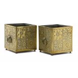 A PAIR OF AESTHETIC BRASS SQUARE JARDINIERES, C1878 the sides in the form of a compartmentalised