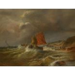 ENGLISH MARINE SCHOOL, 19TH CENTURY DUTCH FISHING BOATS IN A STORM OFF THE COAST oil on canvas, 35 x