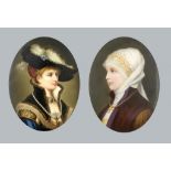 A PAIR OF CONTINENTAL OVAL PORCELAIN PLAQUES, LATE 19TH C painted with portraits of young women,