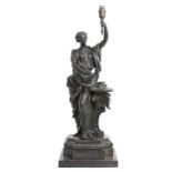 A BRONZE FIGURAL LAMP, LATE 19TH C emblematic of the Lamp of Knowledge, on stepped plinth, even