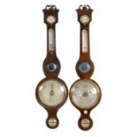 A VICTORIAN MAHOGANY AND LINE INLAID BAROMETER AND A SIMILAR VICTORIAN ROSEWOOD BAROMETER, MID