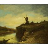 BRITISH SCHOOL, 19TH CENTURY LANDSCAPE WITH A WINDMILL oil on canvas, 24 x 90cm++Restored with