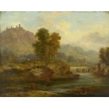 ENGLISH SCHOOL, EARLY 19TH CENTURY LLANGOLLEN BRIDGE AND CASTELL DINAS BRAN oil on panel, 23 x 29.