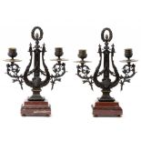 A PAIR OF FRENCH BRONZE LYRE FORM CANDELABRA, LATE 19TH C cast with winged masks on stepped rouge