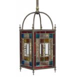 A VICTORIAN BRASS AND LEADED CLEAR, COLOURED AND PAINTED GLASS HALL LANTERN, C1890 80cm h overall++