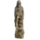 A CARVED STONE STATUETTE OF A PROPHET HOLDING A SCROLL, 19TH C OR EARLIER 90cm h++Weather with small