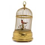 A SWISS GILT BRASS SINGING BIRD-IN-A-CAGE AUTOMATON, 20TH C with clockwork mechanism in