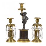 A PAIR OF GILT BRASS LUSTRE CANDLESTICKS, 19TH C on stepped foot, prismatic cut glass beads and