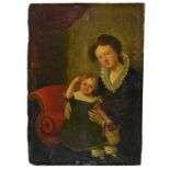 BRITISH SCHOOL, EARLY 19TH C DOUBLE PORTRAIT OF A WOMAN WITH A CHILD ON HER LAP oil on mahogany