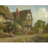 RUBENS ARTHUR MOORE (1860-1943) DEVONSHIRE COTTAGES signed, signed again and inscribed verso, oil on