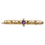 AN AQUAMARINE AND SPLIT PEARL BROOCH AND AN AMETHYST AND SPLIT PEARL BROOCH, BOTH C1910 in gold,