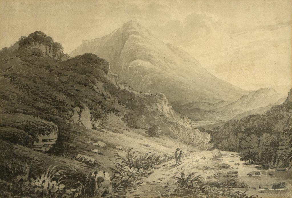 JAMES BOURNE (1773-1854) SNOWDONIA LANDSCAPE WITH TWO FIGURES ON A PATH watercolour, en grisaille,