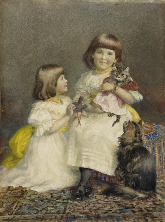 MARIE HENRIQUES (1866-1944) DOUBLE PORTRAIT OF NORA BELL AND HER SISTER HENRIETTA WITH THEIR CATS