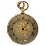 A SWISS GOLD FOB WATCH WITH ENGRAVED DIAL AND CASE, MARKED K 18, LATE 19TH C