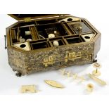 A CHINESE EXPORT BLACK AND GOLD LACQUER WORK BOX OF OCTAGONAL SHAPE WITH FITTED INTERIOR, CONTAINING