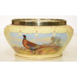 A LOCKE AND CO WORCESTER EPNS MOUNTED SALAD BOWL, PAINTED BY E. BLAKE, SIGNED, WITH PHEASANTS, ON