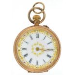 A SWISS GOLD KEYLESS CYLINDER LADY'S WATCH WITH ENAMELLED GILT DIAL, PLATED DUST CAP, IN ENGRAVED