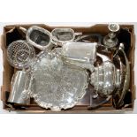 MISCELLANEOUS PLATED WARE TO INCLUDE A GADROONED THREE PIECE TEA SERVICE, SALVER, BASKET, ETC