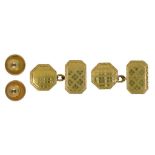 A PAIR OF 9CT GOLD OCTAGONAL TARTAN ENGRAVED CUFF LINKS, LONDON 1927 AND A PAIR OF GOLD STUDS,