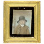 ENGLISH SCHOOL, 19TH C, PORTRAIT OF A MAN, HALF LENGTH IN A HAT, PASTEL, 15 X 11.5CM WITH OLD