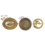 THREE GEM SET GOLD BROOCHES, TWO LATE VICTORIAN, ONE GYPSY SET WITH A DIAMOND, THE OTHER WITH A RUBY